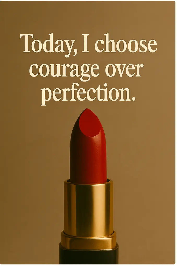Red lipstick on a brown background with the text 'Today, I choose courage over perfection.'