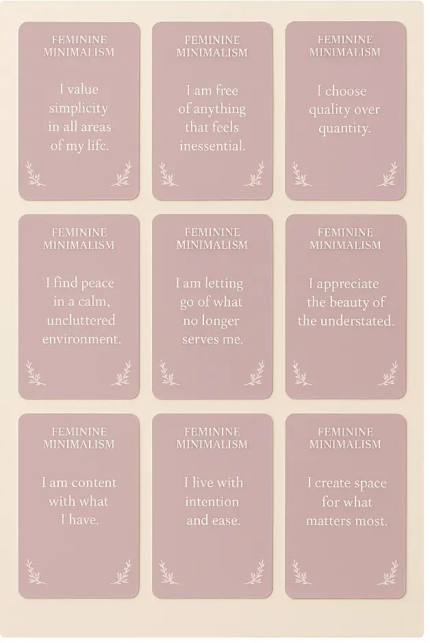 Set of cards with 'Feminine Minimalism' phrases on a beige background