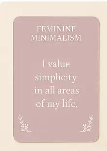 Card with text 'Feminine Minimalism: I value simplicity in all areas of my life' on a light pink background.