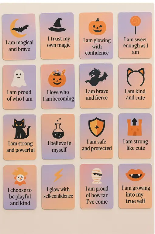 Set of affirmation cards with motivational phrases and corresponding emojis on a beige background