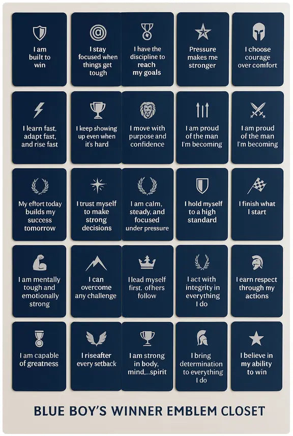 Collection of motivational phrases on a blue background with emblem designs.