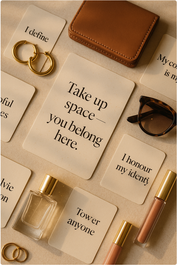 Motivational cards with quotes surrounded by beauty products on a textured surface