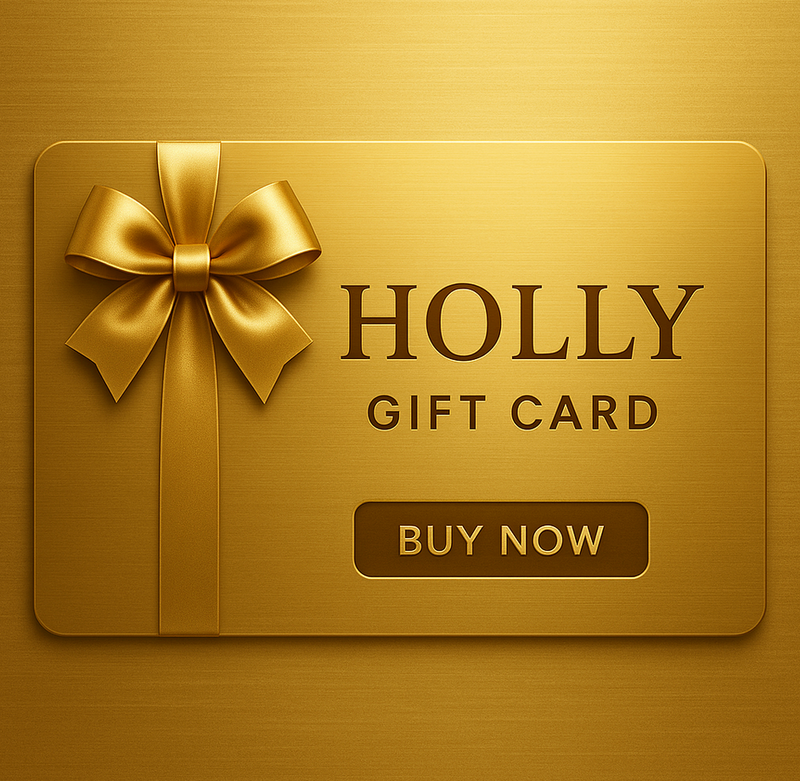 Gold gift card with a bow and 'Holly Gift Card' text on a gold background