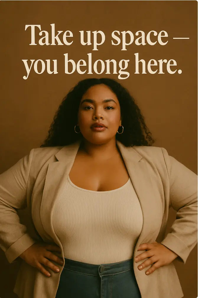 Woman standing with hands on hips against a brown background with text 'Take up space - you belong here'.