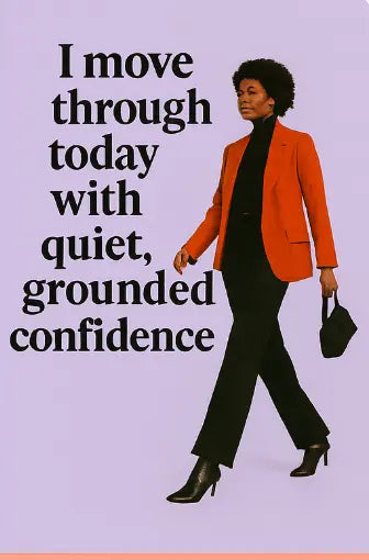 Woman in an orange blazer walking with text on a purple background
