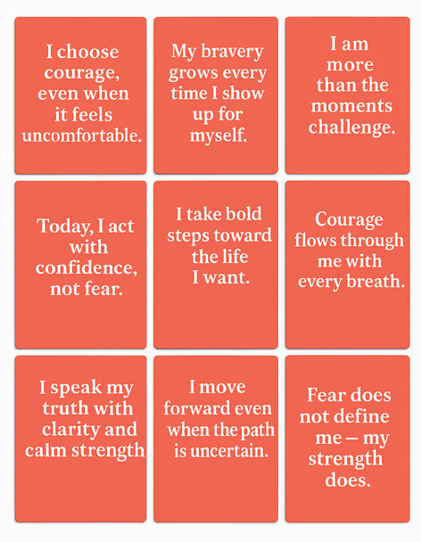 Nine motivational phrases on coral-colored cards with white text.